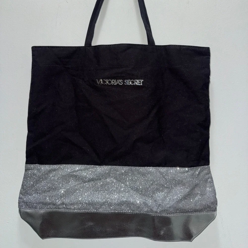 Victoria's Secret Black Silver Glitter Colorblock Tote Bag Metallic Logo